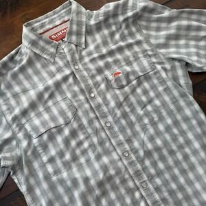 Simms Shirt Mens Medium Gray Plaid Pearl Snap Long Sleeve Fishing Nylon Barfly